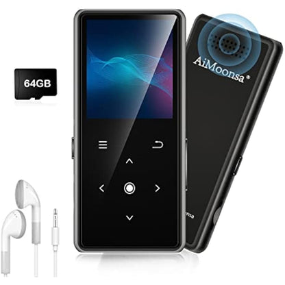 64GB MP3 Player with Bluetooth 5.2, AiMoonsa Music Player with Built-in HD Speaker, FM Radio, Voice Recorder, HiFi Sound, E-Book Function, Earphones Included