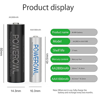 POWEROWL Pack of 32 AA AAA Rechargeable Batteries, High Capacity 16 AA 2800mAh & 16 AAA 1000mAh 1.2V NiMH Battery Low Self Discharge,Pre-Charged