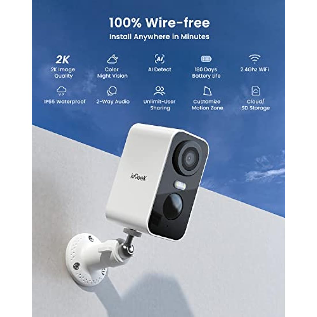 ieGeek No Monthly Fee 2K Wireless Security Camera Outdoor Colorful Night Vision, Rechargeable Battery CCTV Camera Systems, WiFi Home, Motion Detection, Siren Floodlight, Voice Intercom, Remote Access