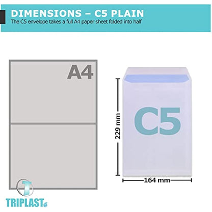 Triplast 100 x C5 White Self Seal Security Envelopes (Size: 229x164mm) | Fully Opaque, Self Sealing & Printer Safe Mailing Paper Envelopes | Ideal for Everyday Home, Office & Commercial Use