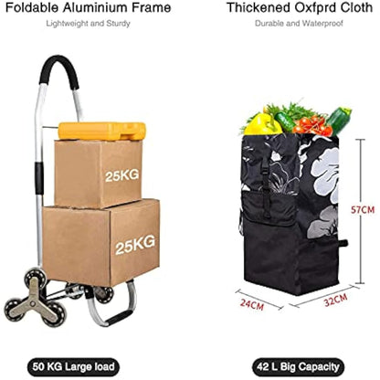 Folding Shopping Trolley 6 Wheels Stair Climber Cart with Removable Bag and Adjustable Elastic Cord 2 Extra Pockets Utility Trolley maximum capacity 50kg 45L Flower