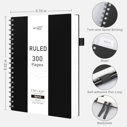 RETTACY A5 Notebook, Notepad, Wirebound Spiral Notebooks 300Pages /150 Sheets for Writing,100gsm College-Ruled Paper, Retro PVC Cover, for Men Work Office School,14.5 x 21cm - Black