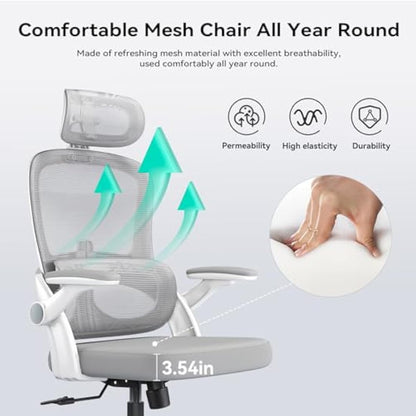 SIHOO M102C Ergonomic Mesh Office Chair, High Back desk chair with 3D Armrests, Up&Down Lumbar Support, Swivel Computer Task Chair, White Frame and Light Grey Mesh