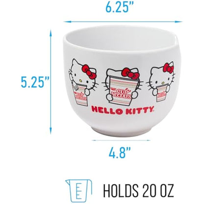 Silver Buffalo Hello Kitty Cup Noodles Nissin Boxed Ceramic Ramen Noodle Bowl with Chopsticks, 20oz