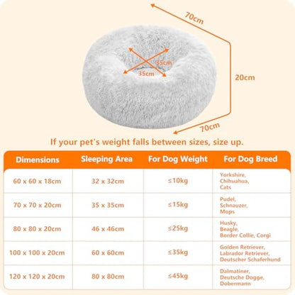 HMTOPE Dog Bed Round Orthopedic Dog Cushion Egg Crate Foam Dog Sofa Cat Bed Donut Cosy Dog Basket Washable, 70 cm Ø, Light Grey