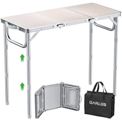 GARLLEN Folding Camping Table, 3-Adjustable Height Portable Folding Picnic Table with Storage Bag, Lightweight Aluminum Outdoor Table for Picnic, Camping, BBQ, 34.2" L x 15.7" W, Silver
