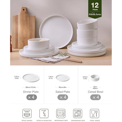 Richmount Nebula Dinner Set for 4, 12-Piece Speckled Dinnerware Stoneware Set, Scratch Resistant, Dishwasher & Microwave Safe, Dining Plates and Bowls Sets, White