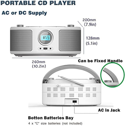 WISCENT Portable CD Player with Bluetooth Boombox, FM Radio Stereo Sound, USB, 3.5mm AUX Port & Headphone Jack, Mains or Battery