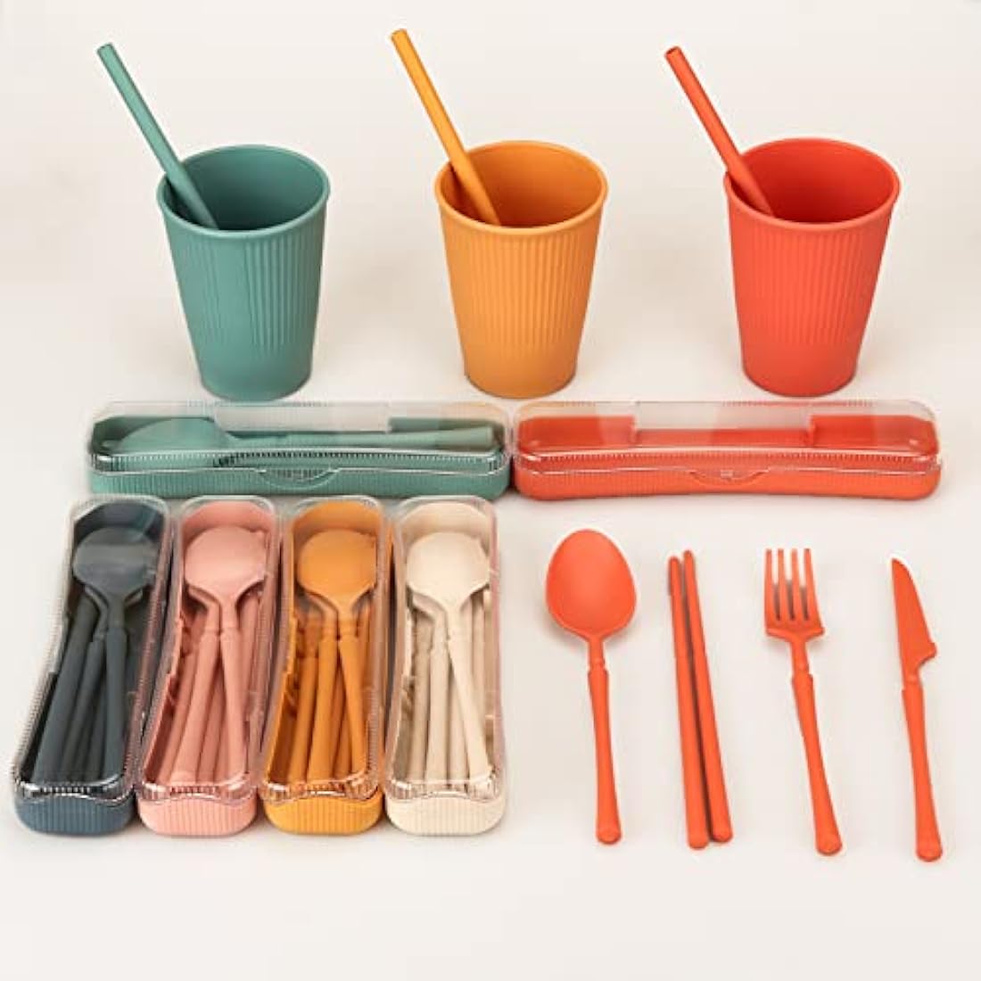 66pcs Unbreakable Tableware Sets for 6 People, Plastic Plates and Bowls Set,Lightweight Colorful Plastic Camping Plates, Bowls, Cups,Cutlery Set, Straw, Forks,Children Dinnerware Set