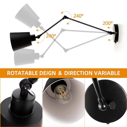 TYhogar Wall Lights Fixtures Vintage Industrial Black Bedside Lamp Night Light E27 Edison Bulbs Wall Sconce Swing Arm Adjustable Wall Lamp for Bedroom