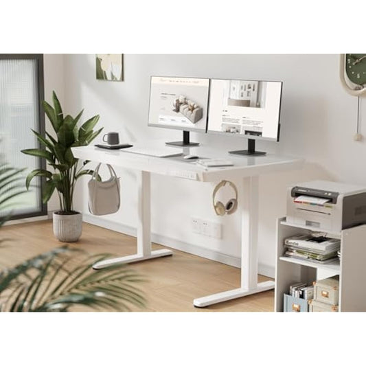 Claiks Glass Standing Desk with Drawers, 120×60 cm Adjustable Stand Up Desk, Quick Install Home Office Computer Desk with USB Ports, White