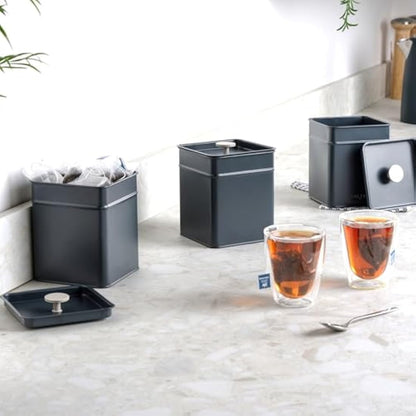 Salter Marino 3-Piece Kitchen Canister Set – Tea, Coffee, Sugar Tins, Long-Lasting Freshness, Powder-Coated Finish, Practical, Easy Clean/Store, Stylish, For Tea Bags/Granules, Not Labelled, Blue Grey