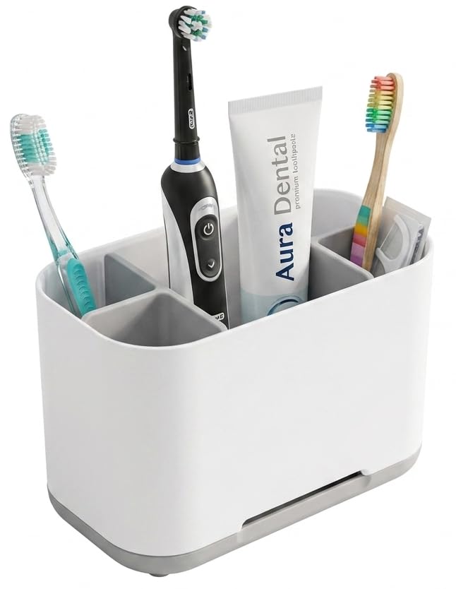 ZenLoft Electric Toothbrush Holder - 5 Compartment Bathroom Organiser for Countertop, Detachable Hygienic Caddy with Drainage