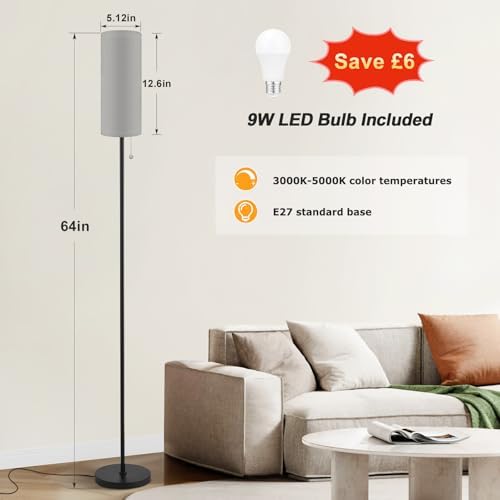 Aooshine Grey Floor Lamp for Living Room, Floor Lamps for Bedrooms with 3 Color Temperatures Bulb, 64" Standing lamp for Bedroom, Minimalist Pole Lamp, Grey Shade & Black Pole(Bulb Included)