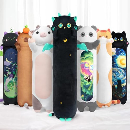 Mewaii 20in Long Cat Plush Pillows Stuffed Animals Squishy Pillows - Plushie Cute Big Green Eyes Sleeping Hugging Plush Pillow Soft Toys for Kids(Black)