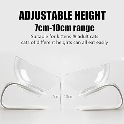 Raised Cat Bowl with Stand, 15° Tilted Cat Bowls for Kittens Elevated Cat Bowl Anti Vomiting Double Cat Bowls Plastic Transparent Cat Feeding Bowl