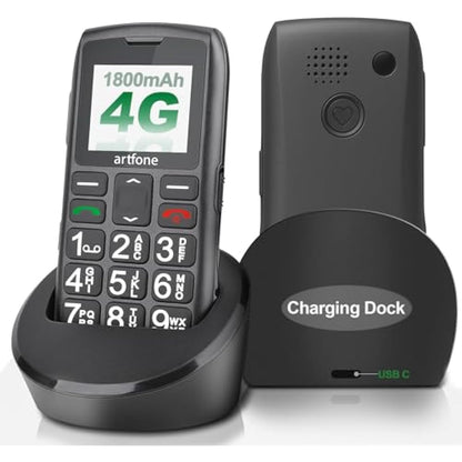 artfone C1+ 4G Big Button Mobile Phone for Seniors | SIM Free Unlocked | Easy-to-Use Basic Phone with Charging Dock, SOS Button & USB-C | Loud Volume | Black