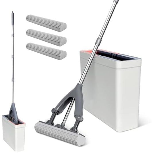 Masthome Sponge Mop and Buckets Sets, Floor Mops with 3pcs Super High Absorption Sponge Heads,Lazy Squeeze Mop Bucket with 135cm Extendable Handle for Laminate, Tile, Hardwood Floor Cleaning