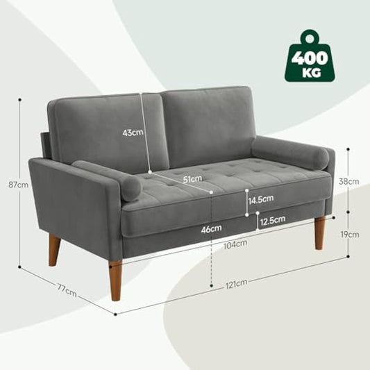 Vesgantti Small 2 Seater Sofa Grey, Comfy Sofa Couch with Spring Cushion, Velvet Sofa with Wood Legs, Modern Love Seat Sofa, Sofa 2 Seater for Living Room, Small Sofa for Bedroom, Grey Office Sofa