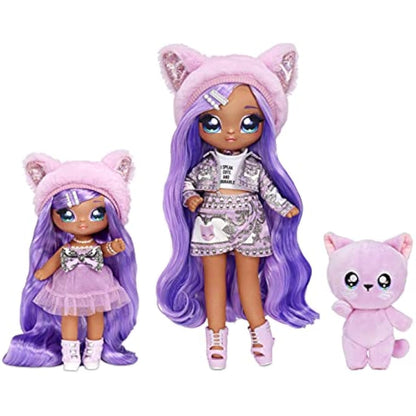 Na Na Na Surprise Family Soft Doll Set of 3 with 2 Fashion Dolls and 1 Pet - Toys for Kids - Lavender Kitty with Long Hair Dolls, 12 Removable Accessories and Outfits, and Adorable Plush Pet Cat
