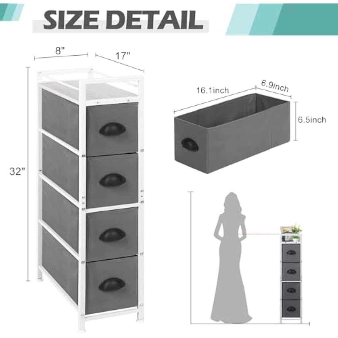 LIANTRAL Narrow Dresser, Vertical Slim Chest of Drawers, Storage Unit with 4 Fabric Drawers and Wooden top for Bathroom Kitchen Living Room Entryway Narrow Space, White and Grey