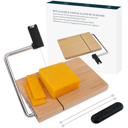 KITCHENDAO Replaceable Wire Cheese Slicer with Board,Tightness Adjustable Cheese Slicer,Beech Wood Cheese Cutter for Block Cheese,Easy to Replace,with 2 Extra Upgrade Strong Wires