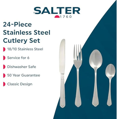Salter BW12426EU7 Richmond 24-Piece Cutlery Set - 18/10 Stainless Steel Flatware Set, Service for 6, Silverware Set Includes Six Knives, Forks, Tablespoons and Teaspoons, 50 Year Guarantee, Silver