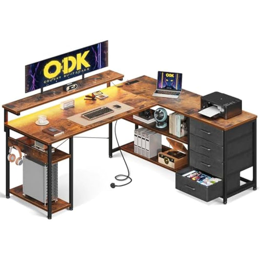 ODK Corner Desk with Drawers, L Shaped Gaming Desk with LED Lights & Power Outlets, Reversible Computer Desks for Home Office Workstation, Office Desks with Monitor Shelf, 135×110 cm, Vintage