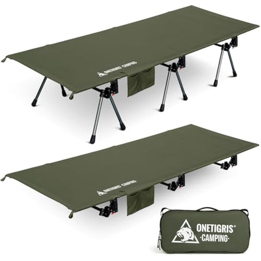 OneTigris SUPRANUBIS Camping Cot, Height Adjustable with Cot Leg Extenders, Strong Support 330lbs, Portable Folding Bed for Camping, Hiking, Travel, Truck, Beach, Office Nap Ranger Green