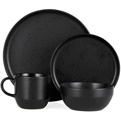 Barbary & Oak BO867005BLK Luna 16 Piece Dinnerware Set, Stoneware, Matte Black with Gloss Speckle