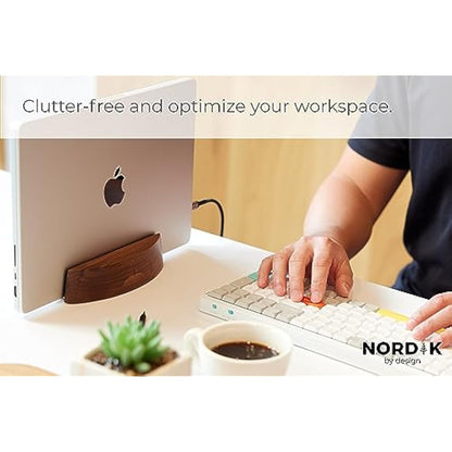 Nordik Adjustable Vertical Laptop Stand - Walnut - Premium Laptop Holder for Home Office, Software Engineers - Space Saving Desk Laptop Dock - Stable Non-Slip Wood Stand - Macbook Pro