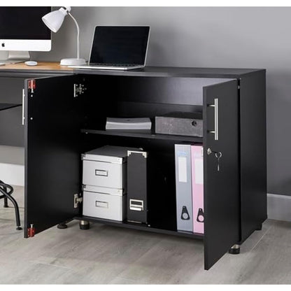 MMT Furniture Designs Ltd Black Storage Cabinet Cupboard Desk Height 2 Door Bookcase with Lock 75cm Tall Desktop Extension Height