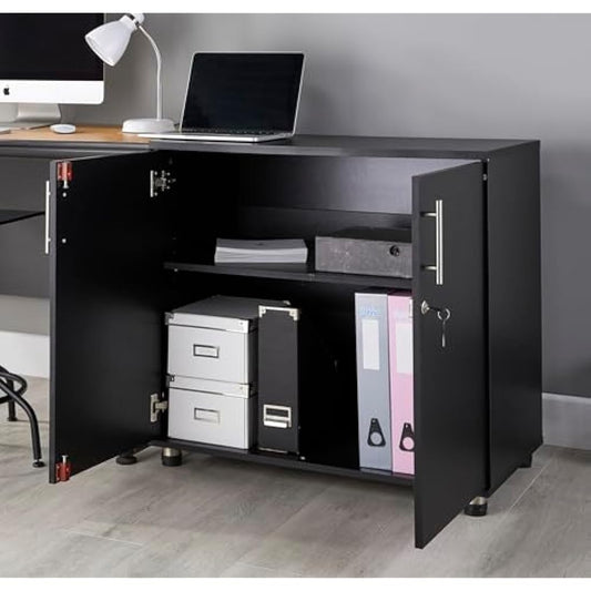 MMT Furniture Designs Ltd Black Storage Cabinet Cupboard Desk Height 2 Door Bookcase with Lock 75cm Tall Desktop Extension Height