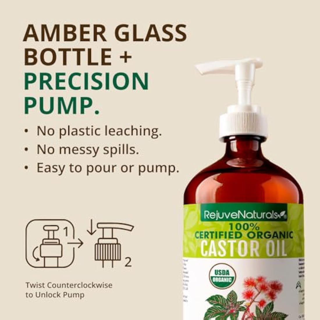 Castor Oil (16oz Glass Bottle) USDA Certified Organic 100% Pure Cold Pressed Hexane Free by RejuveNaturals. Boost Hair Growth for Eyelashes Eyebrows & Hair. Natural Dry Skin Moisturizer