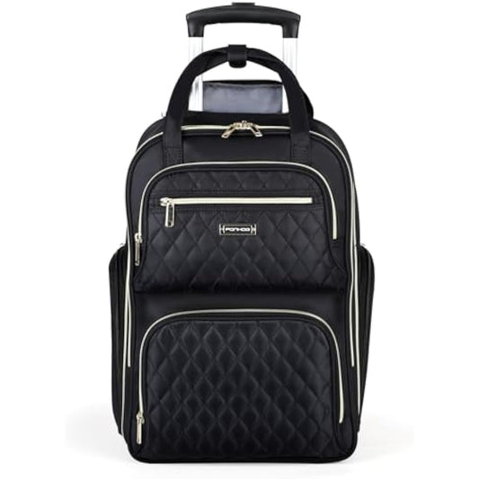 Ponhog Rolling Laptop Travel Backpack with Wheels for Women - 15.6 Inch Laptop Wheeled Backpack, Carry on Trolley Suitcase Black Computer Bag for Adults Business College Work Overnight,Black