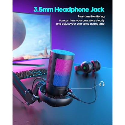 QIUOIO RGB Gaming Microphone with Boom Arm: USB Mic for PC - Streaming & Podcast Microphone Accessory - Suitable for YouTube & TikTok