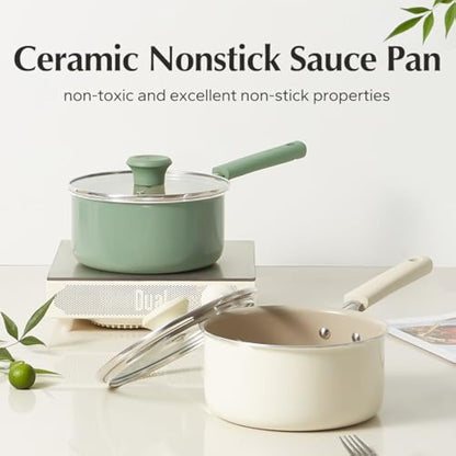 Redchef Ceramic Nonstick Saucepan with Lid,16cm Small Cooking Pot, Non Toxic Sauce Pans for Kitchen, Cool Handle PFAS Free Compatible with All Cooktops, White