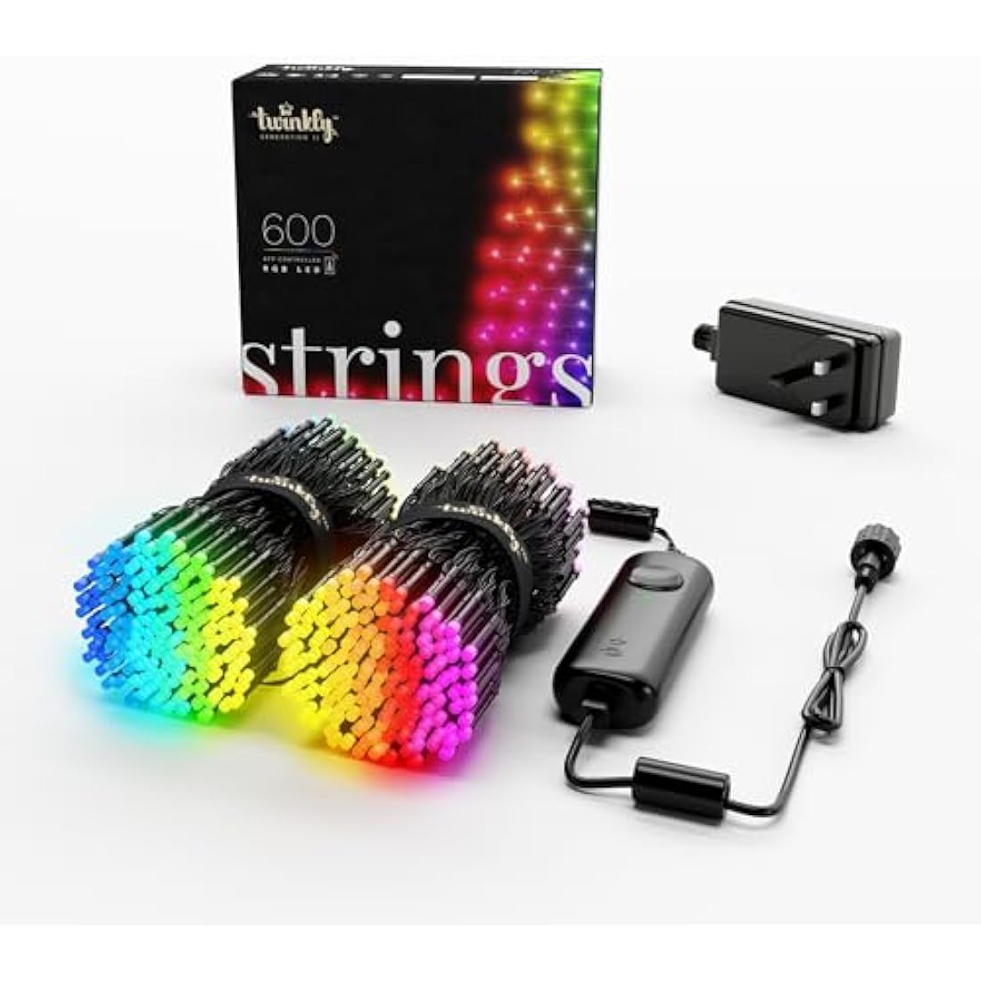 Twinkly Strings 600 LED RGB, LED Light String for in- and Outdoor, Christmas Lights, Smart LED Lights, Mappable LEDs, Compatible with Alexa and Google Home, IP44, Controlled by App, Black Wire, 48m