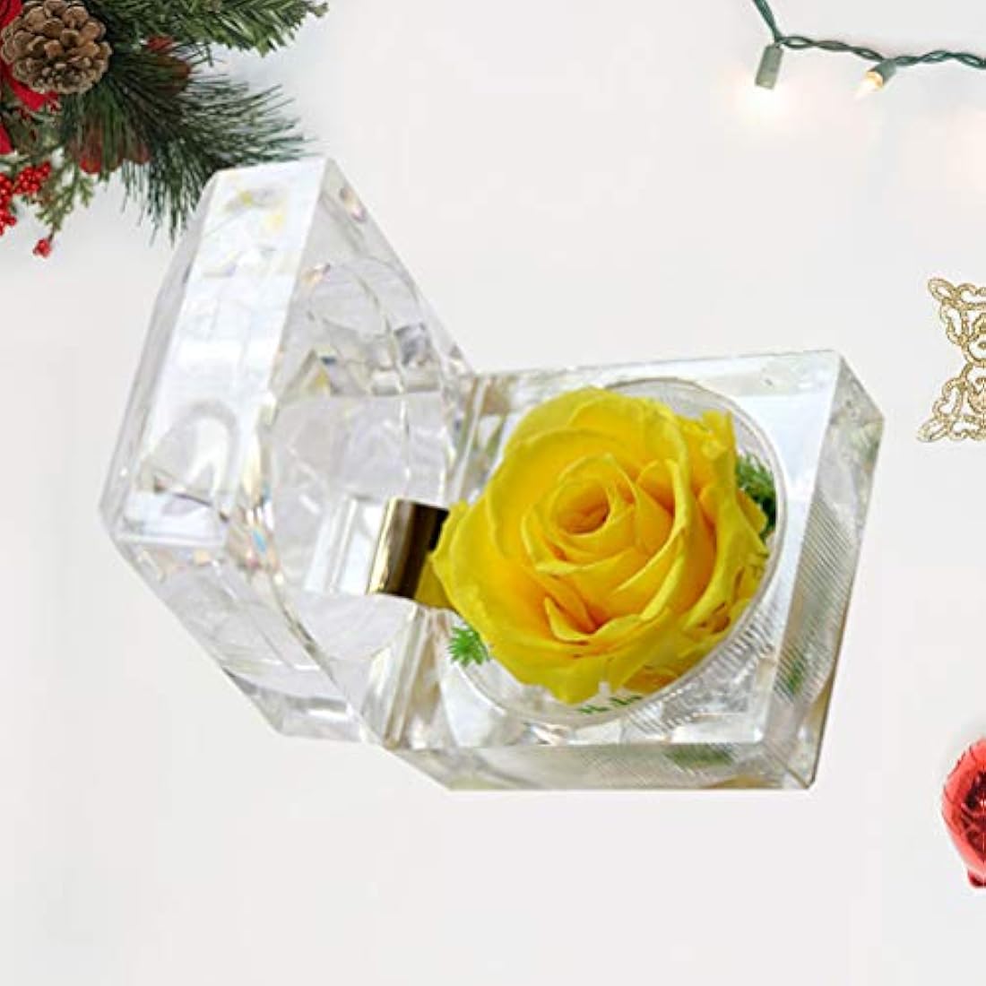 Crystal Rose Box 1Pc, Preserved Flower Eternal in Acrylic Crystal Ring Box for Women Birthday and Anniversary- 2inch/5cm Yellow