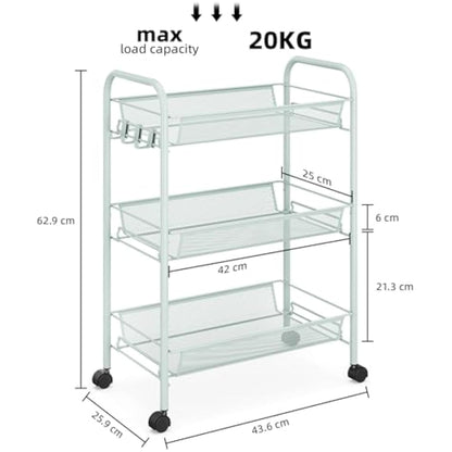 APEXCHASER 3-Tier Rolling Cart,Easy Assemble Mobile Storage Trolley On Wheels,Slide Out Utility Cart Shelving Units Kitchen Bathroom Laundry Room,Green
