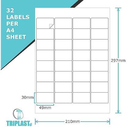 Triplast 100 x Multipurpose A4 Label Sheets - 32 Labels Per Sheet (49 x 30mm Each) - Easy Peel White Labels for Inkjet & Laser Printer - Address Labels, Shipping Labels, File Labels, DIY Stickers