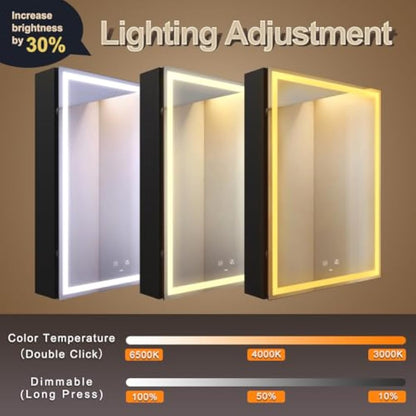 KWW 50 x 70 cm LED Lighted Bathroom Medicine Cabinet with Mirror, Defogger, Dimmer, 3 Color Light Makeup Mirror, Easy to Install, Wall Mounted Medicine Cabinet without Socket & USBs