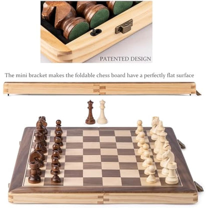 A&A 15" Magnetic Wooden Chess Set/Folding Board / 3" King Height German Knight Staunton Chess Pieces/2 Extra Queen