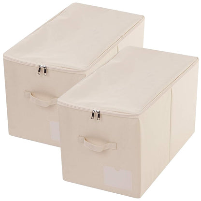Amonsen Pack of 2, Zip Lidded Wardrobe Storage Bins for Clothes, Bedding, Foldable & Washable, Beige
