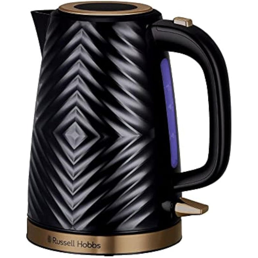 Russell Hobbs Groove Electric 1.7L Cordless Kettle (Fast Boil 3KW, Black textured plastic with brushed gold accents, Removable washable anti-scale filter, Push to open lid, Perfect pour spout) 26380