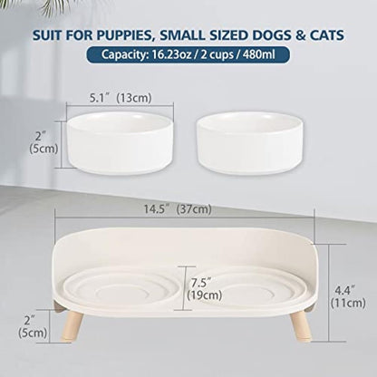 Raised Ceramic Cat Food Bowl Set - Elevated Dog Bowls with Non-Slip Stand - Tall Cat Dishes - 2 x 480 ML - 16.2 OZ