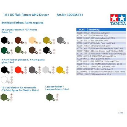 TAMIYA 300035161 Military 1:35 US Flak Tank M42 Duster, Faithful Replica, Model Building, Plastic Kit, Crafts, Hobby, Gluing, Plastic Kit, Assembly, Unpainted