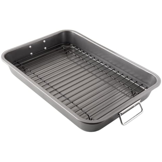 Chef Pomodoro Nonstick Carbon Steel Roasting Pan Roaster with Flat Rack, 16 x 11-Inch (41cm x 28 cm), Large, Grey, Bakeware Rectangular Oven BBQ Baking