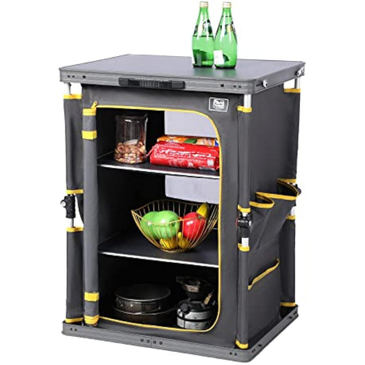 TIMBER RIDGE Compact Camping Storage, Pop Up Folding Camping Kitchen Unit, Camping Furniture Camping Cupboards Cabinet Outdoor 3 Shelf Aluminum Frame Portable for Garden Party Picnic, Supports 30kg