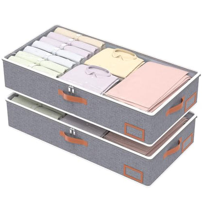 Yawinhe Foldable Under Bed Storage Bags, Closet Organizers, Large Containers with Sturdy Zipper, Clear Window and Reinforced Handles, for Bedding, 2